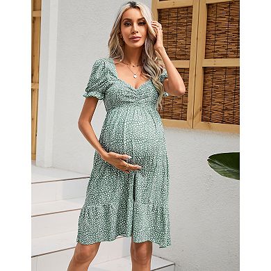 Women's Maternity Dresses A Line Sweetheart Neck Ruffle Flowy Mini Boho Dress