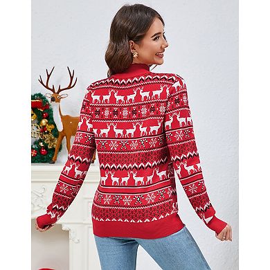 Women's Ugly Christmas Sweater Mock Turtleneck Quarter Zip Knit Pullover Top