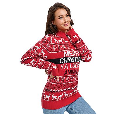 Women's Ugly Christmas Sweater Mock Turtleneck Quarter Zip Knit Pullover Top