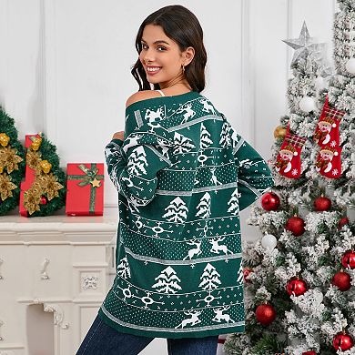 Women's Christmas Knitted Cardigan Tree Elk Block Color Long Sweater Jacket