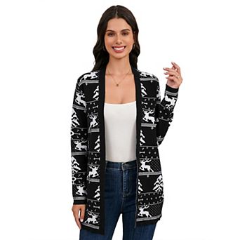 Women's Christmas Knitted Cardigan Tree Elk Block Color Long Sweater Jacket