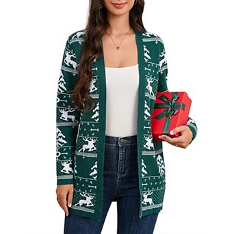 Women's Christmas Knitted Cardigan Tree Elk Block Color Long Sweater Jacket