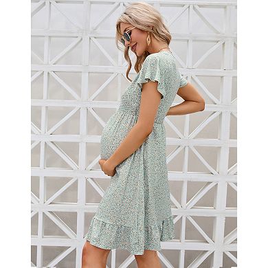 Women's Maternity Casual Flowy Midi Dress Short Sleeve V Neck Ruffle Floral Dress