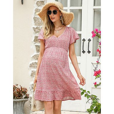 Women's Maternity Casual Flowy Midi Dress Short Sleeve V Neck Ruffle Floral Dress