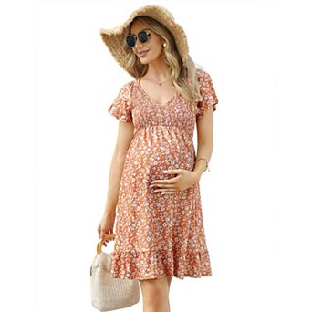 Women's Maternity Casual Flowy Midi Dress Short Sleeve V Neck Ruffle Floral Dress