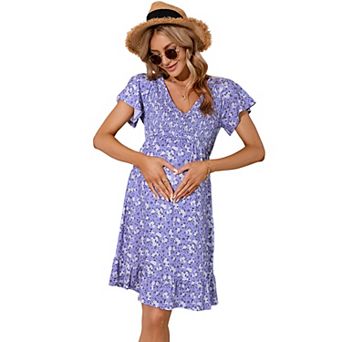 Women's Maternity Casual Flowy Midi Dress Short Sleeve V Neck Ruffle Floral Dress
