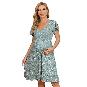 Women's Maternity Casual Flowy Midi Dress Short Sleeve V Neck Ruffle Floral Dress