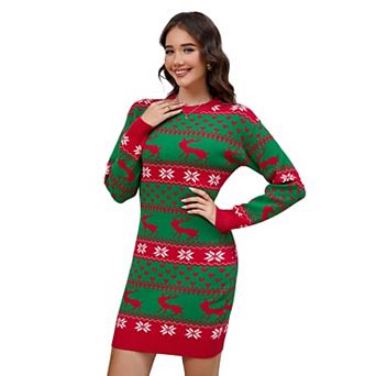 Women's Christmas Elk Color Block Knitted Sweater Dress