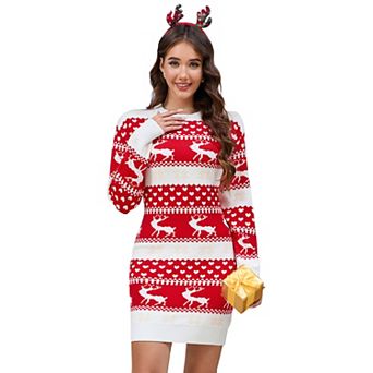 Women's Christmas Elk Color Block Knitted Sweater Dress