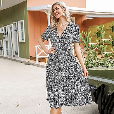 Women's Floral Short Sleeve Pleated Midi Dress with Belt