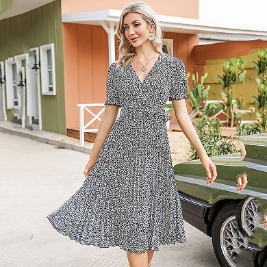 Women's Floral Short Sleeve Pleated Midi Dress with Belt