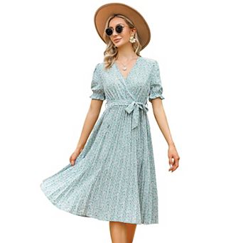 Women's Floral Short Sleeve Pleated Midi Dress with Belt