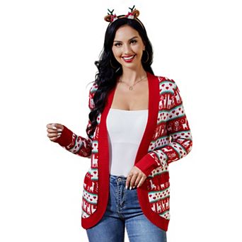 Women Ugly Christmas Open Front Knit Cardigan Sweaters with Pockets