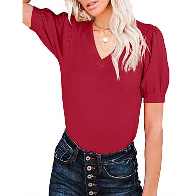 Knitted Sweater for Women Lantern Short Sleeves V Neck Solid Casual Blouse Basic Lightweight