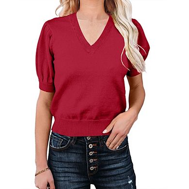 Knitted Sweater for Women Lantern Short Sleeves V Neck Solid Casual Blouse Basic Lightweight