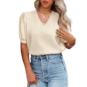 Knitted Sweater for Women Lantern Short Sleeves V Neck Solid Casual Blouse Basic Lightweight