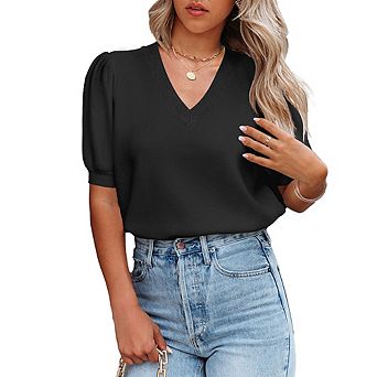 Knitted Sweater for Women Lantern Short Sleeves V Neck Solid Casual Blouse Basic Lightweight