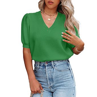 Knitted Sweater for Women Lantern Short Sleeves V Neck Solid Casual Blouse Basic Lightweight