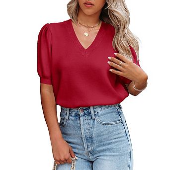 Knitted Sweater for Women Lantern Short Sleeves V Neck Solid Casual Blouse Basic Lightweight