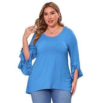Womens Plus Size Tops 3/4 Ruffle Sleeve Shirts Loose V-Neck Dressy Casual Tunic Blouses