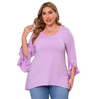 Womens Plus Size Tops 3/4 Ruffle Sleeve Shirts Loose V-Neck Dressy Casual Tunic Blouses