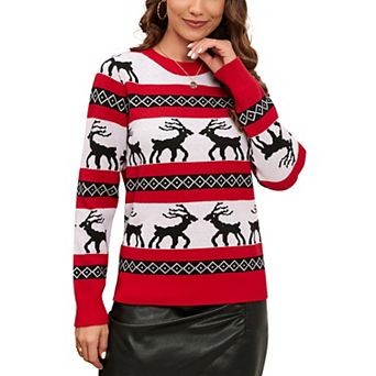 Women's Pullover Sweater Contrast Christmas Elk Knit Top