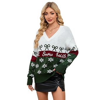Women's Christmas Pullover Sweater Snowflake Color Block Knit Top