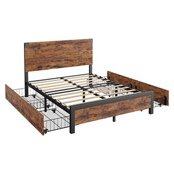 Metal Bed Frame with 4 Drawers,with Headboard, Noise Free, No Box Spring Needed