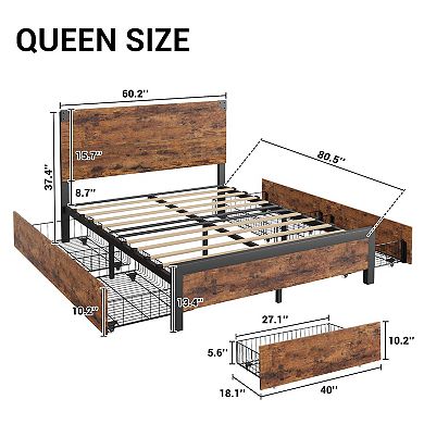 Metal Bed Frame with 4 Drawers,with Headboard, Noise Free, No Box Spring Needed