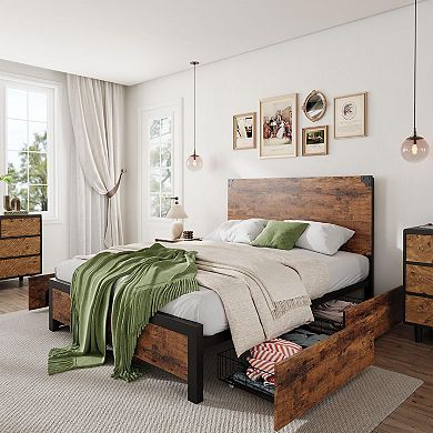 Metal Bed Frame with 4 Drawers,with Headboard, Noise Free, No Box Spring Needed