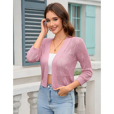 Women's Summer 3/4 Sleeve Crochet Knit Open Front Cardigan Cropped Shrug Bolero Sweaters Tops