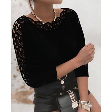 Women Casual Floral Lace Eyelet Blouses Crew Neck Long Sleeve Embroidered Lace Crochet Boho Tops