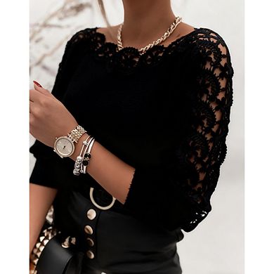 Women Casual Floral Lace Eyelet Blouses Crew Neck Long Sleeve Embroidered Lace Crochet Boho Tops
