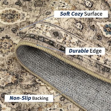 Washable Non-Slip Runner Rug, Dark Green Vintage Floral Boho Hallway Kitchen Carpet Super Soft Thin