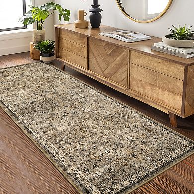 Washable Non-Slip Runner Rug, Dark Green Vintage Floral Boho Hallway Kitchen Carpet Super Soft Thin