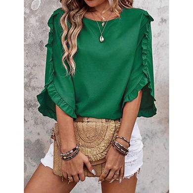 Womens Ruffle Asymmetrical 3/4 Sleeve Tops and Blouses Dressy Casual Crewneck Spring Summer Tops