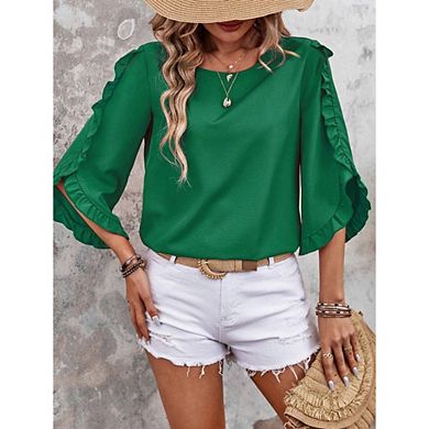 Womens Ruffle Asymmetrical 3/4 Sleeve Tops and Blouses Dressy Casual Crewneck Spring Summer Tops