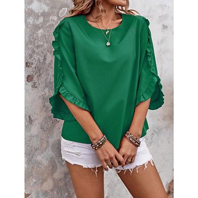 Womens Ruffle Asymmetrical 3/4 Sleeve Tops and Blouses Dressy Casual Crewneck Spring Summer Tops