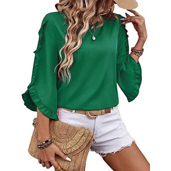 Womens Ruffle Asymmetrical 3/4 Sleeve Tops and Blouses Dressy Casual Crewneck Spring Summer Tops