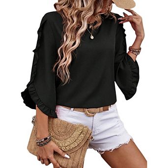 Womens Ruffle Asymmetrical 3/4 Sleeve Tops and Blouses Dressy Casual Crewneck Spring Summer Tops