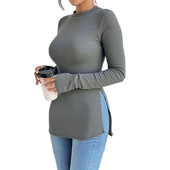 Womens Long Sleeve Pullover Tops Fall Casual Crew Neck Side Split Loose Shirts Y2K Basic Tops