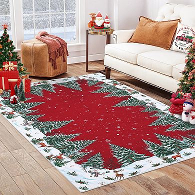 Red Snowman Deer Tree Christmas Area Rug Winter Home Washable Rug for Entryway Bedroom Living Room