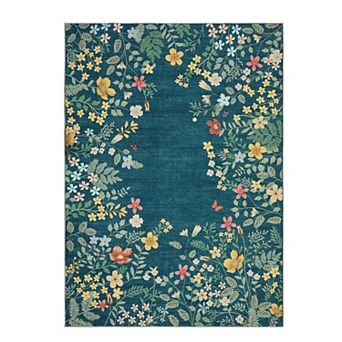 Washable Rug, Non-Slip Soft Beige Floral Rugs for Living Room Ultra-Thin Botanical Floor Carpet