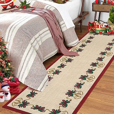 Christmas Traditions Runner Rug, Bells Holly Berry Garland Non-Slip Carpet for Hallway Living Room