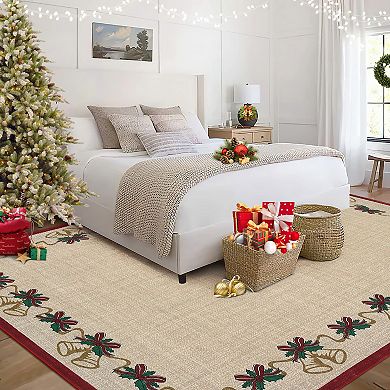Christmas Traditions Runner Rug, Bells Holly Berry Garland Non-Slip Carpet for Hallway Living Room