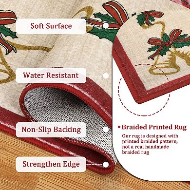 Christmas Traditions Runner Rug, Bells Holly Berry Garland Non-Slip Carpet for Hallway Living Room