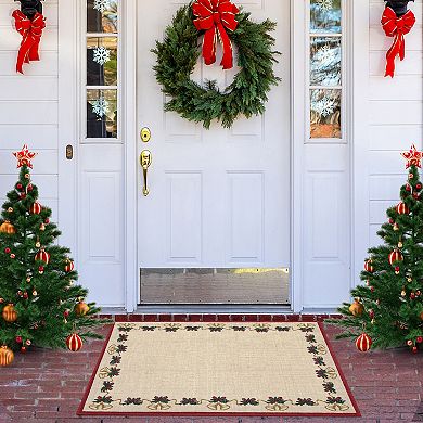 Christmas Traditions Runner Rug, Bells Holly Berry Garland Non-Slip Carpet for Hallway Living Room