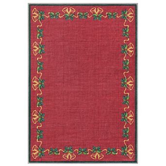 Christmas Traditions Runner Rug, Bells Holly Berry Garland Non-Slip Carpet for Hallway Living Room