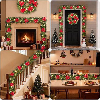 9 FT Pre Lit Artificial Christmas Wreath with Warm White LED Lights