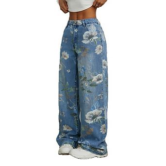 Women's High Wais Vintage Floral Straight Wide Leg Pants Summer Casual Vacation Denim Pants